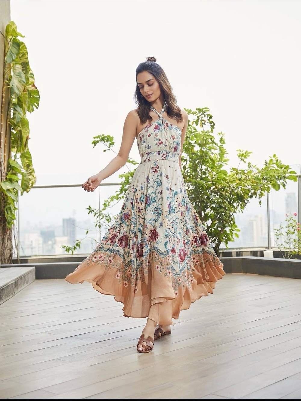 Ritu Kumar Cream Halter Asymmetrical Midi Dress with Peach Border